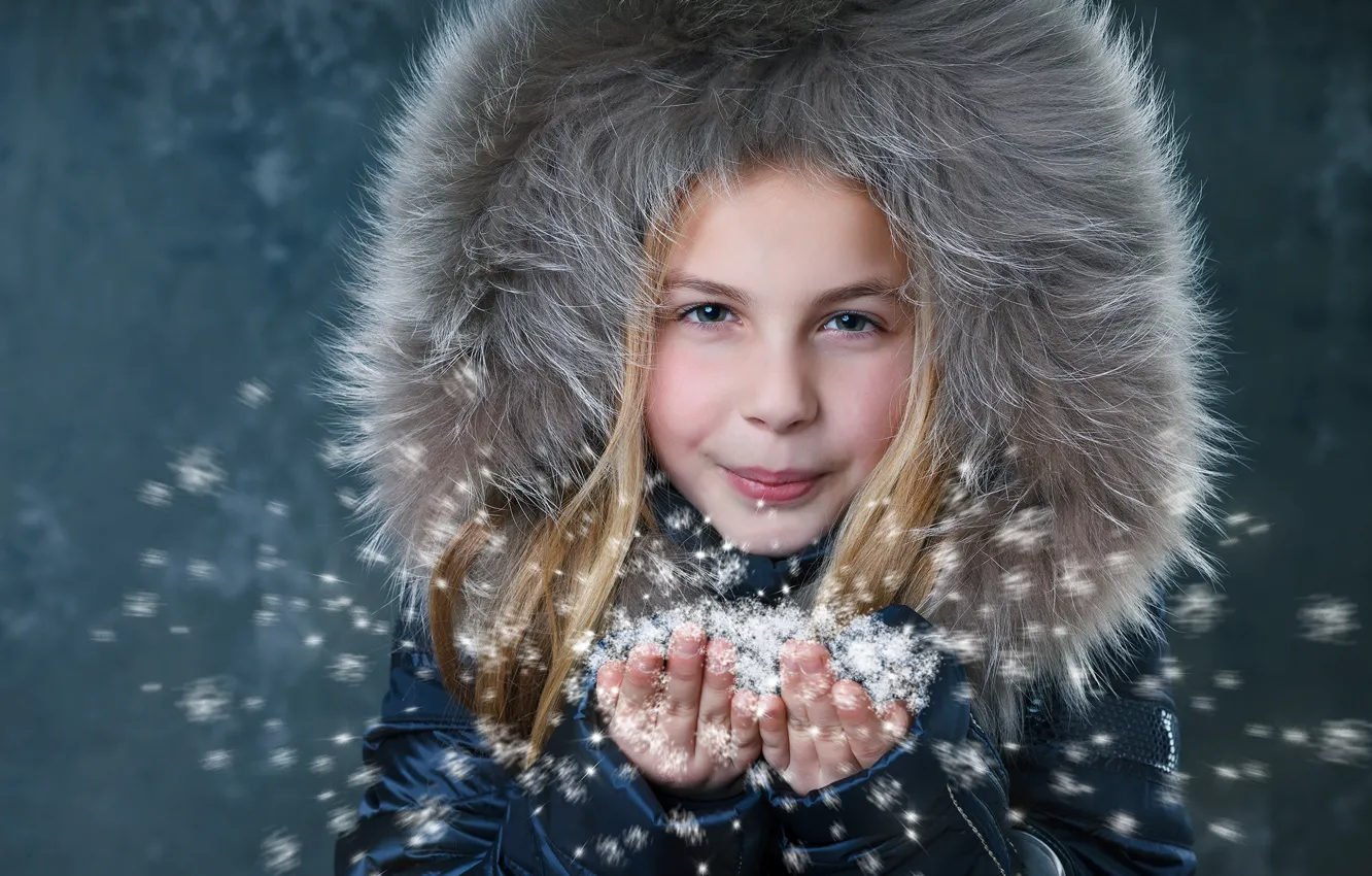 Фото обои зима, снег, куртка, девочка, мех