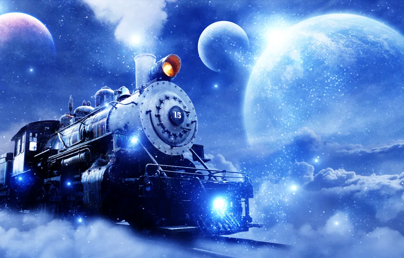 Фото обои fantasy, clouds, stars, planets, steam train