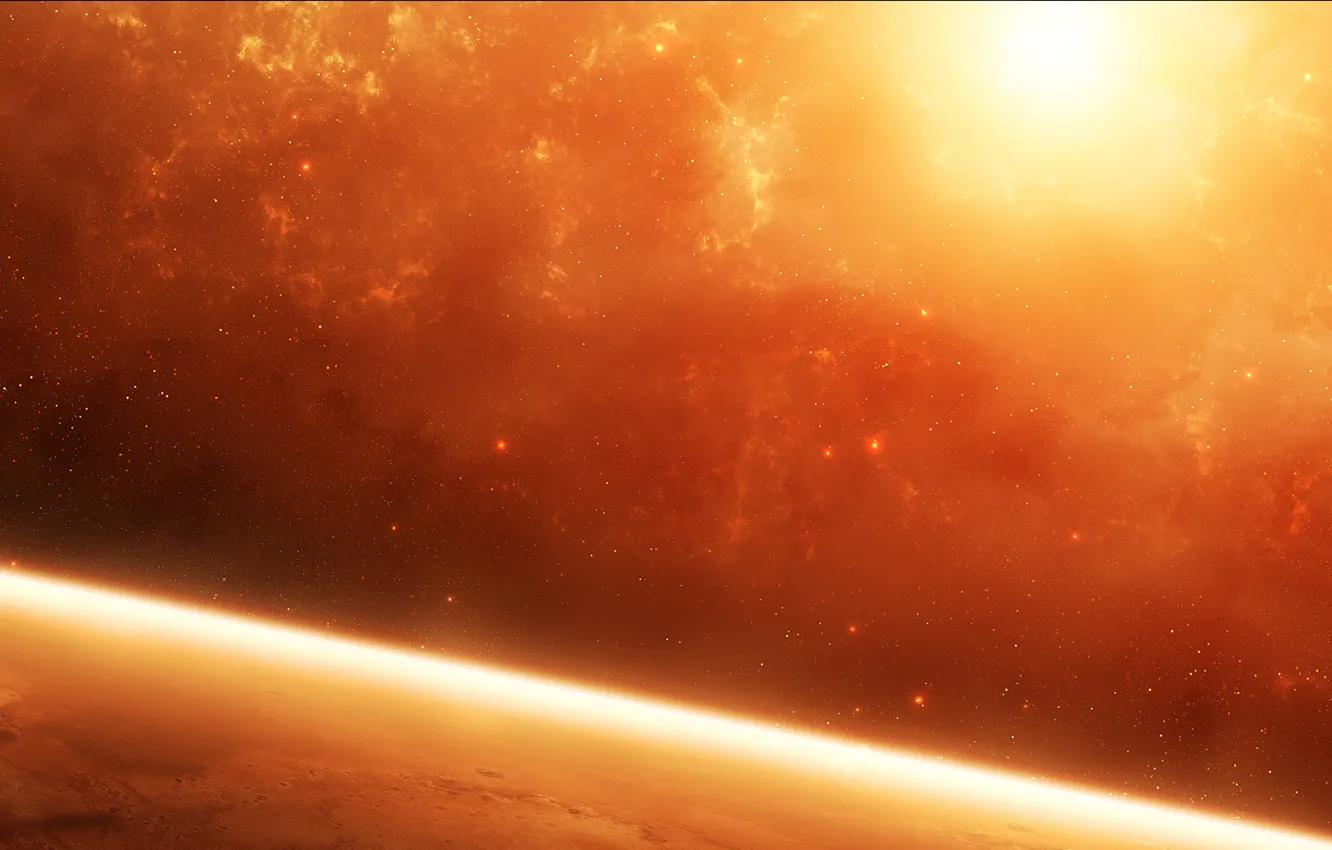 Фото обои солнце, звезды, туманность, планета, атмосфера, Космос, красная