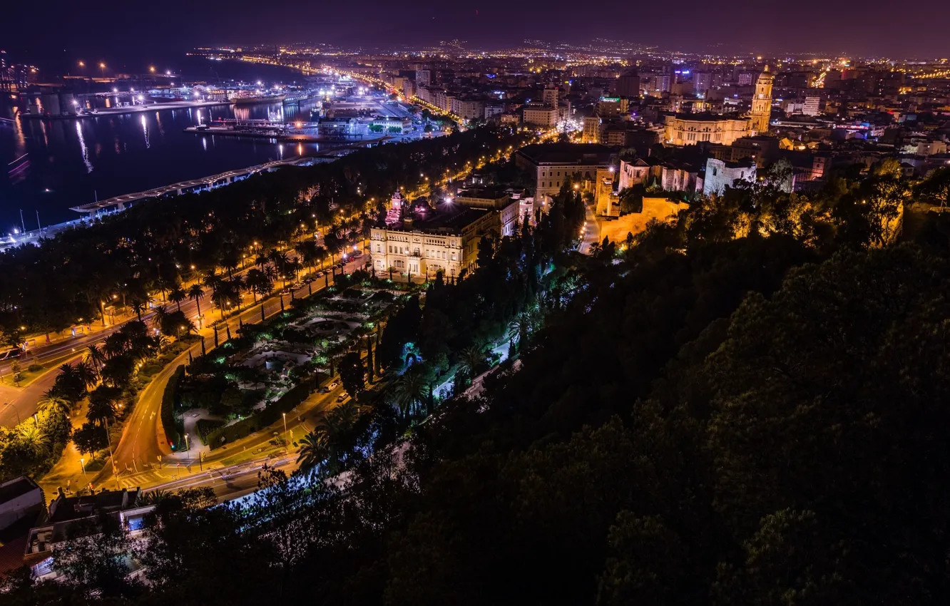 Фото обои ночь, город, огни, Spain, Malaga city