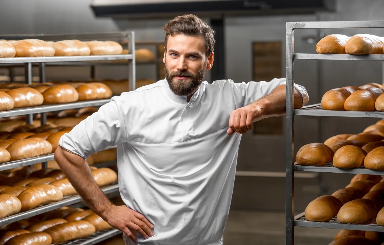 Фото обои поза, хлеб, мужчина, рубашка, борода, в белом, униформа, выпечка