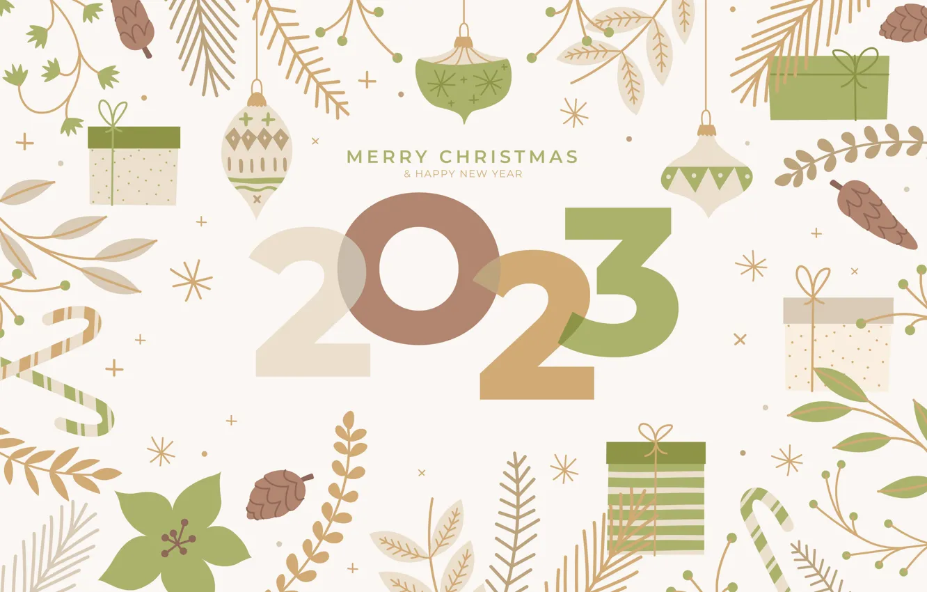 Фото обои снежинки, ветки, зеленый, коробка, подарок, графика, новый год, цифры