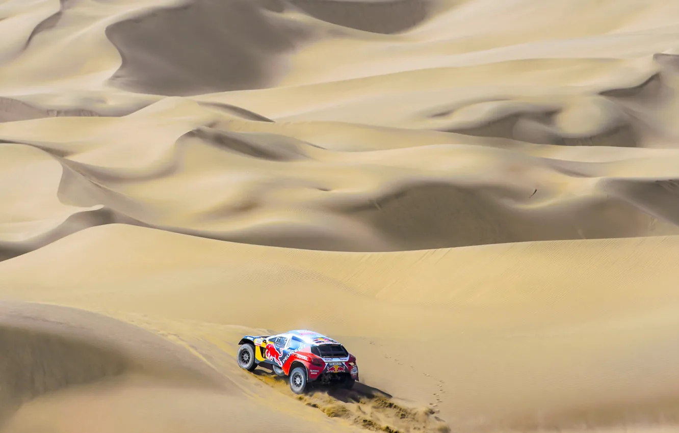 Фото обои Песок, Спорт, Скорость, Гонка, Peugeot, Red Bull, Rally, Dakar