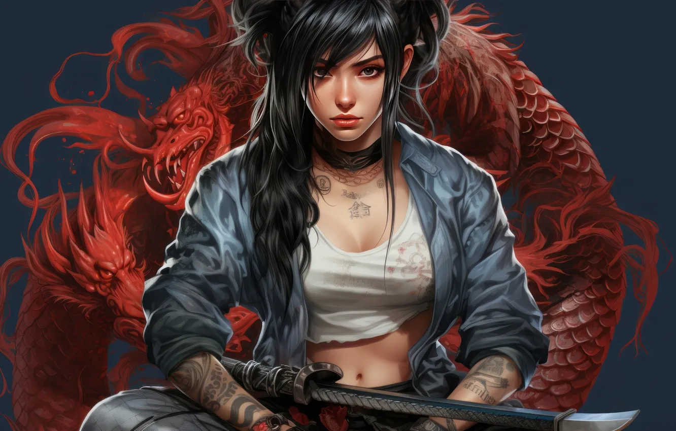 Фото обои Girl, Dragon, Tattoo, Katana, Anime Girl, AI Generated