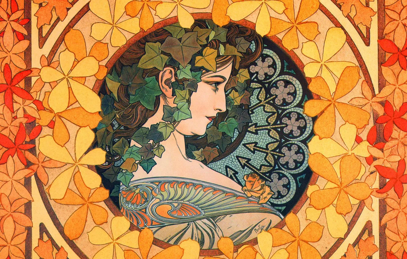 Фото обои рисунок, живопись, композиция, Альфонс Муха, Alfons Maria Mucha, женский образ, девушка с плющом