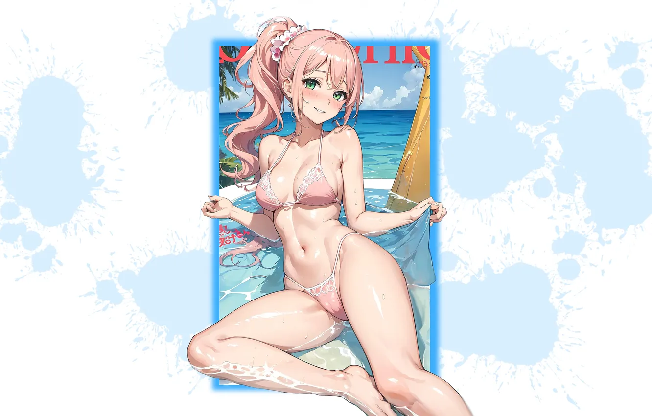 Фото обои kawaii, girl, hot, sexy, beach, pink hair, legs, ocean