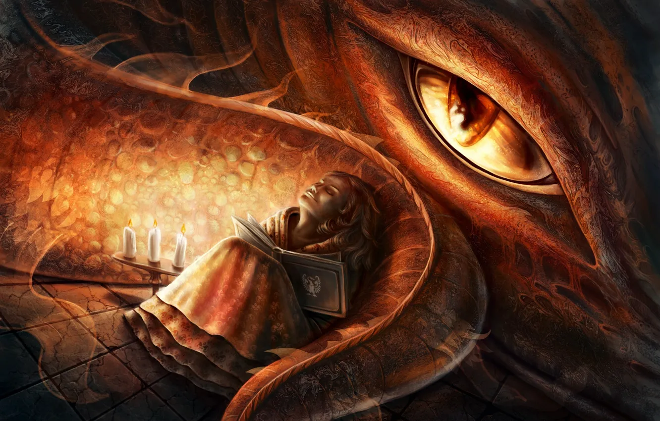 Фото обои глаз, дракон, сон, свечи, арт, девочка, хвост, книга