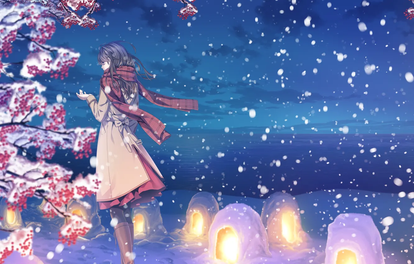 Фото обои зима, небо, девушка, облака, снег, природа, аниме, шарф