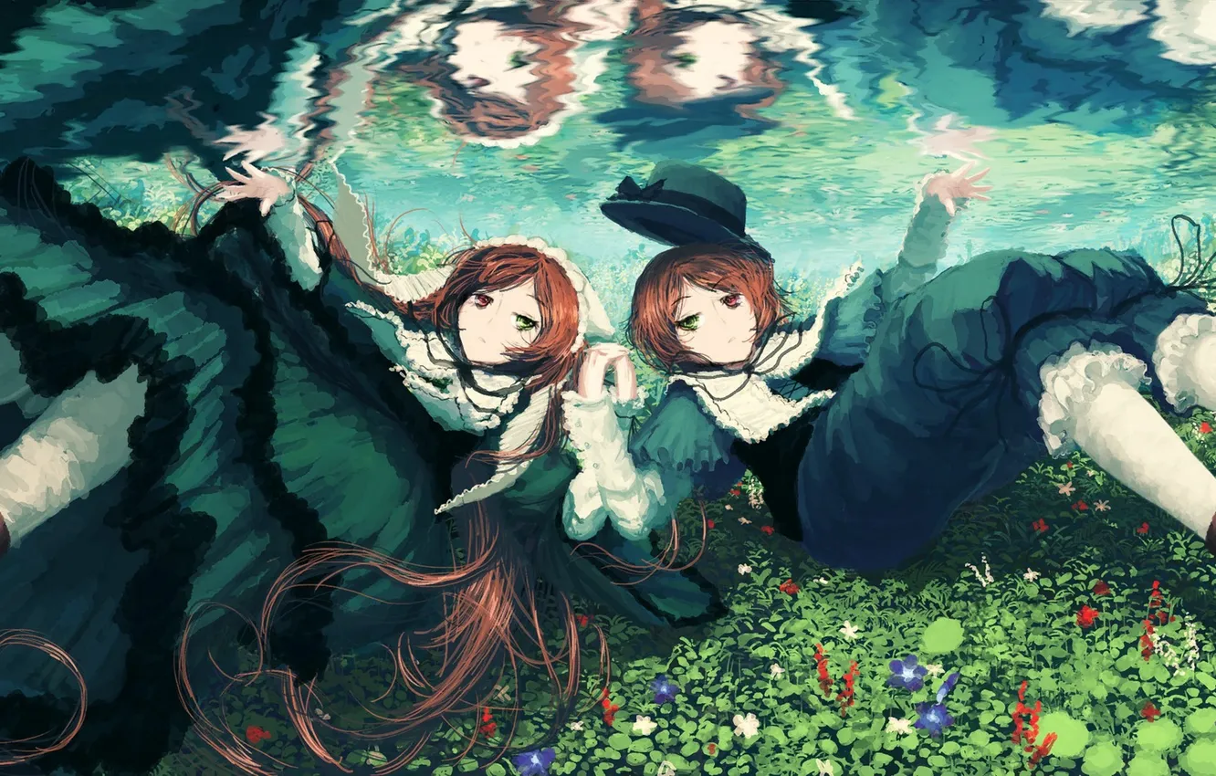 Фото обои цветы, девушки, шляпа, аниме, арт, rozen maiden, под водой, гетерохромия