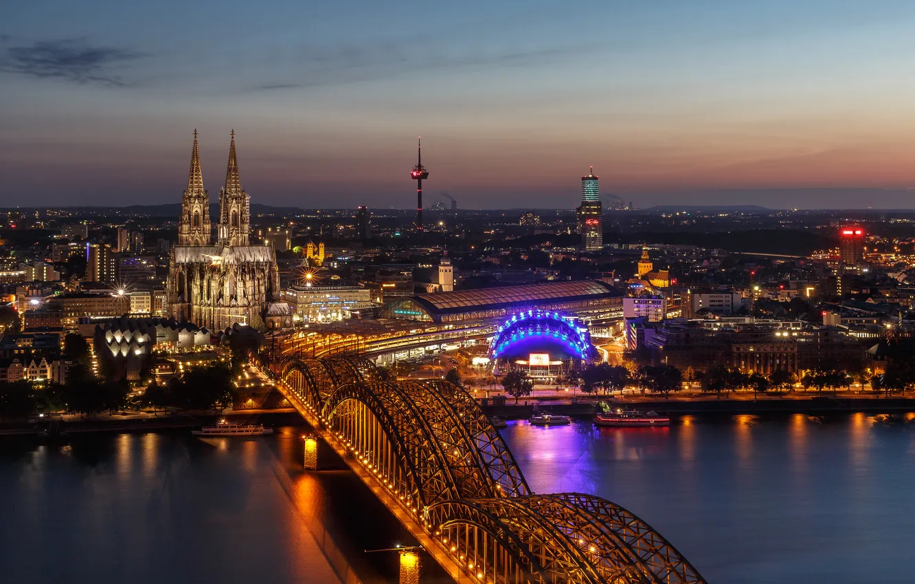 Фото обои ночь, мост, огни, река, вокзал, Германия, собор, Кёльн