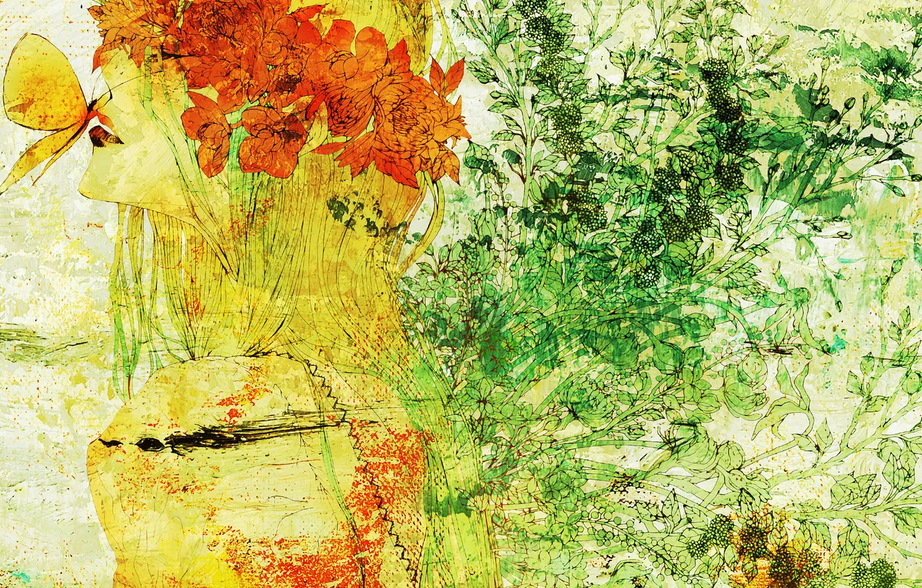 Фото обои девушка, цветы, бабочка, крылья, губы, венок, takano