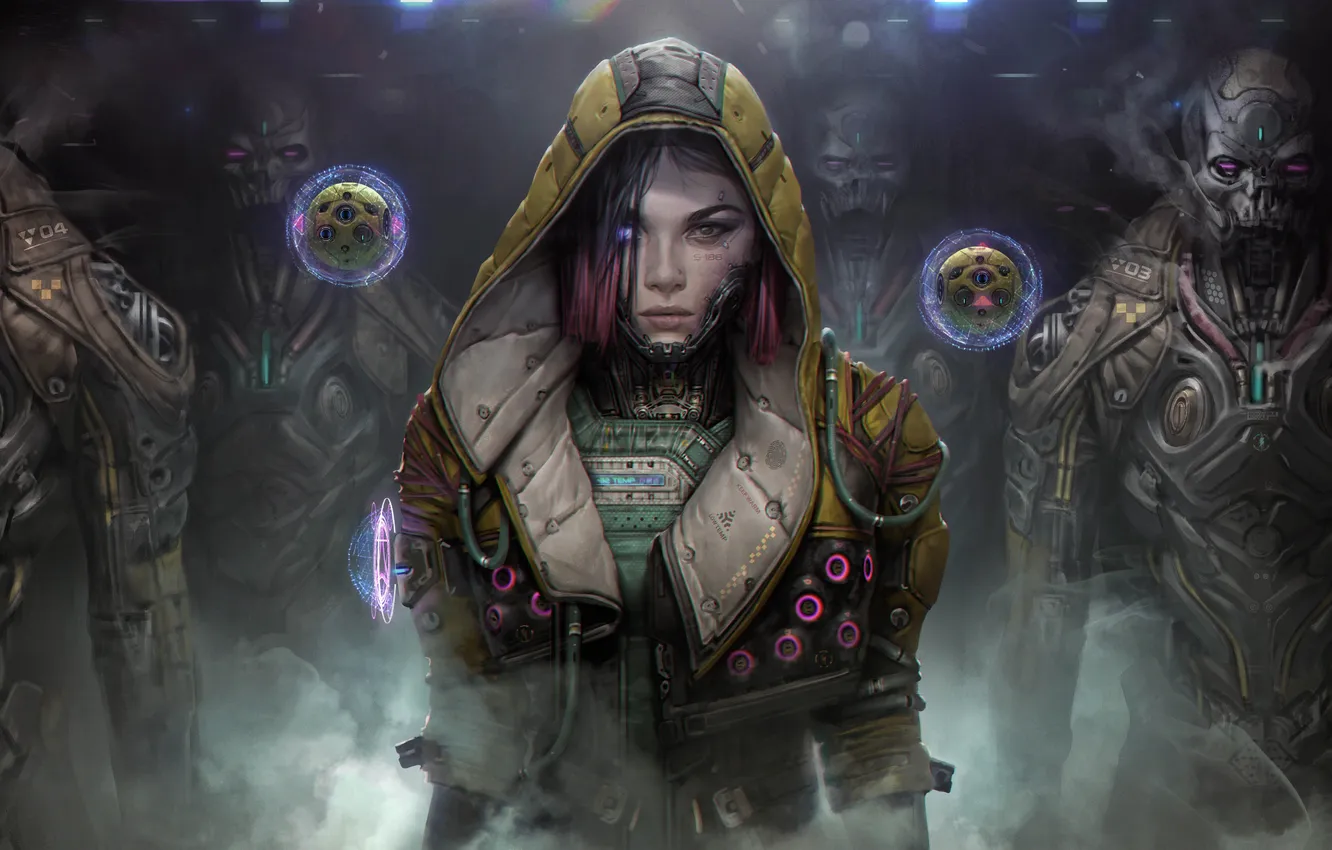 Фото обои girl, cyberpunk, cyborg, futuristic, looking at viewer, Dave Keenan