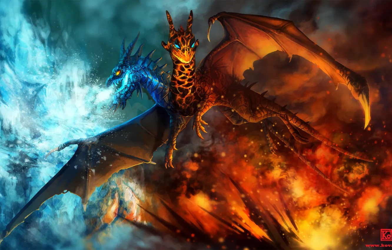 Фото обои огонь, дракон, лёд, арт, Dota 2, Jakiro, Twin Head Dragon, A Song of Fire and …