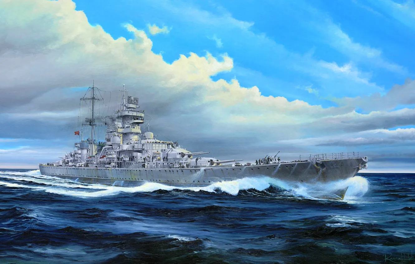 Фото обои Море, Волны, Крейсер, Тяжёлый Крейсер, Prinz Eugen, Кригсмарине