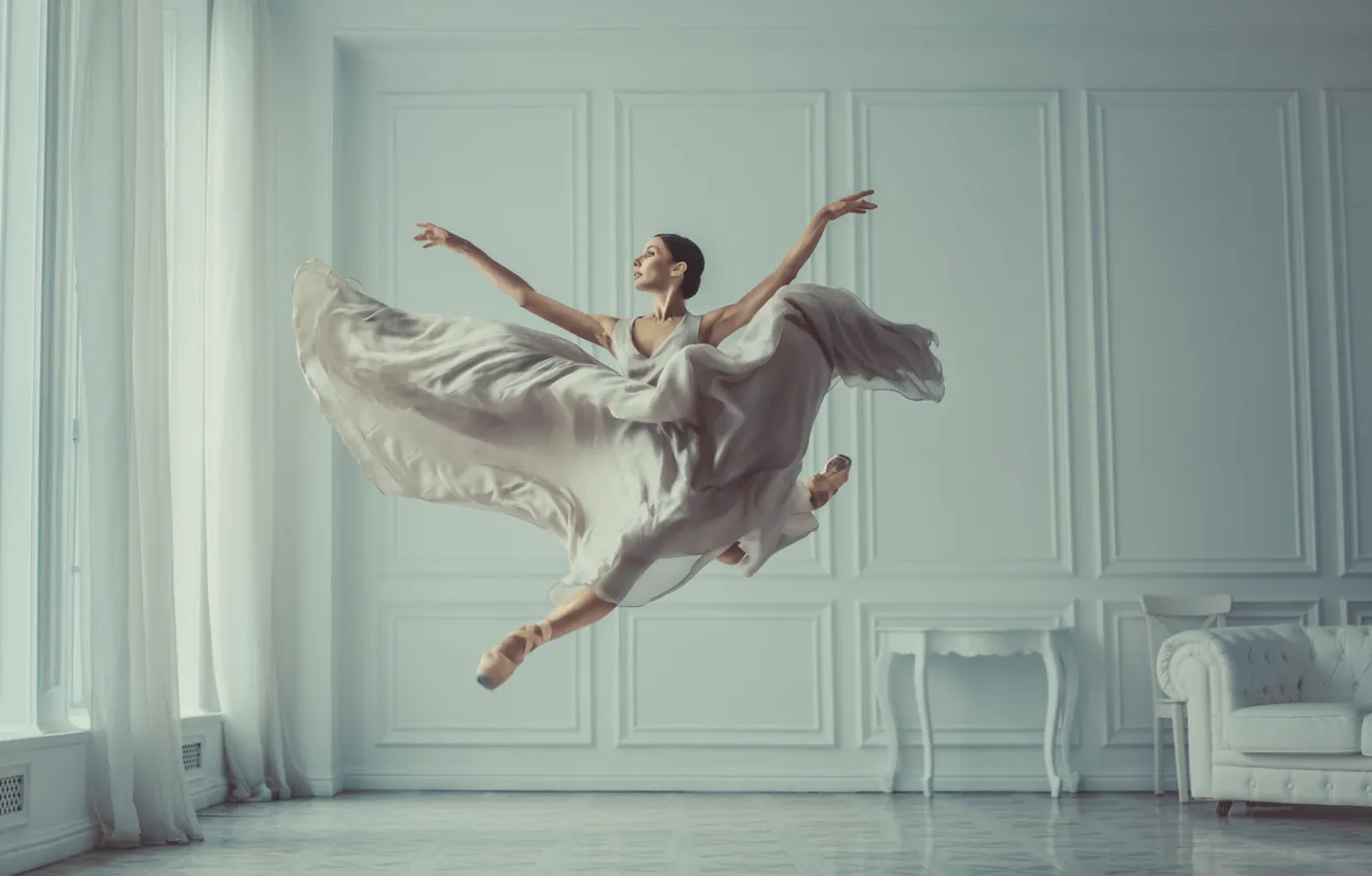 Фото обои девушка, поза, прыжок, танец, платье, балерина, балет, пуанты