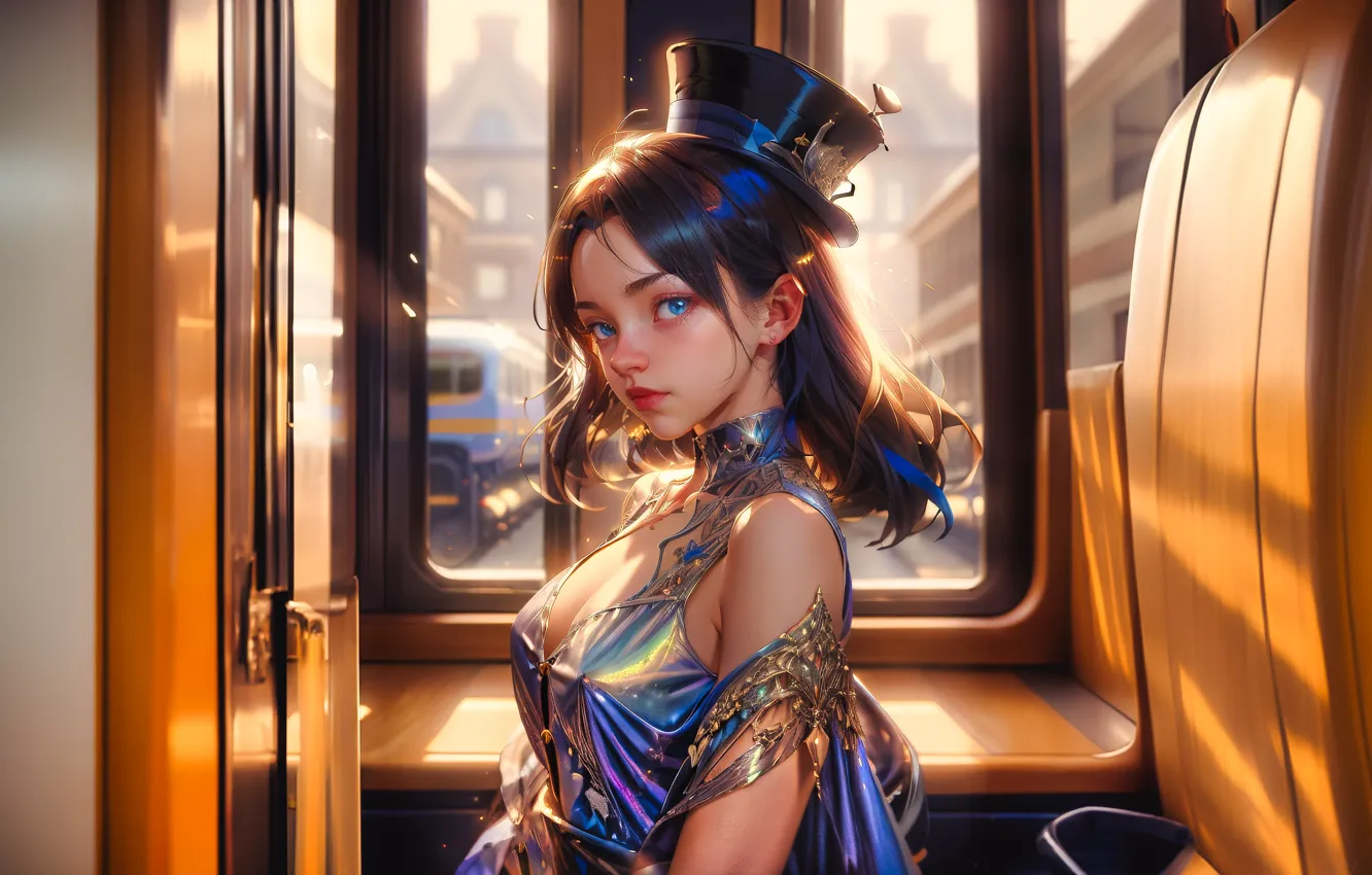 Фото обои dress, hat, train, digital art, artwork, sitting, cabin, looking at viewer