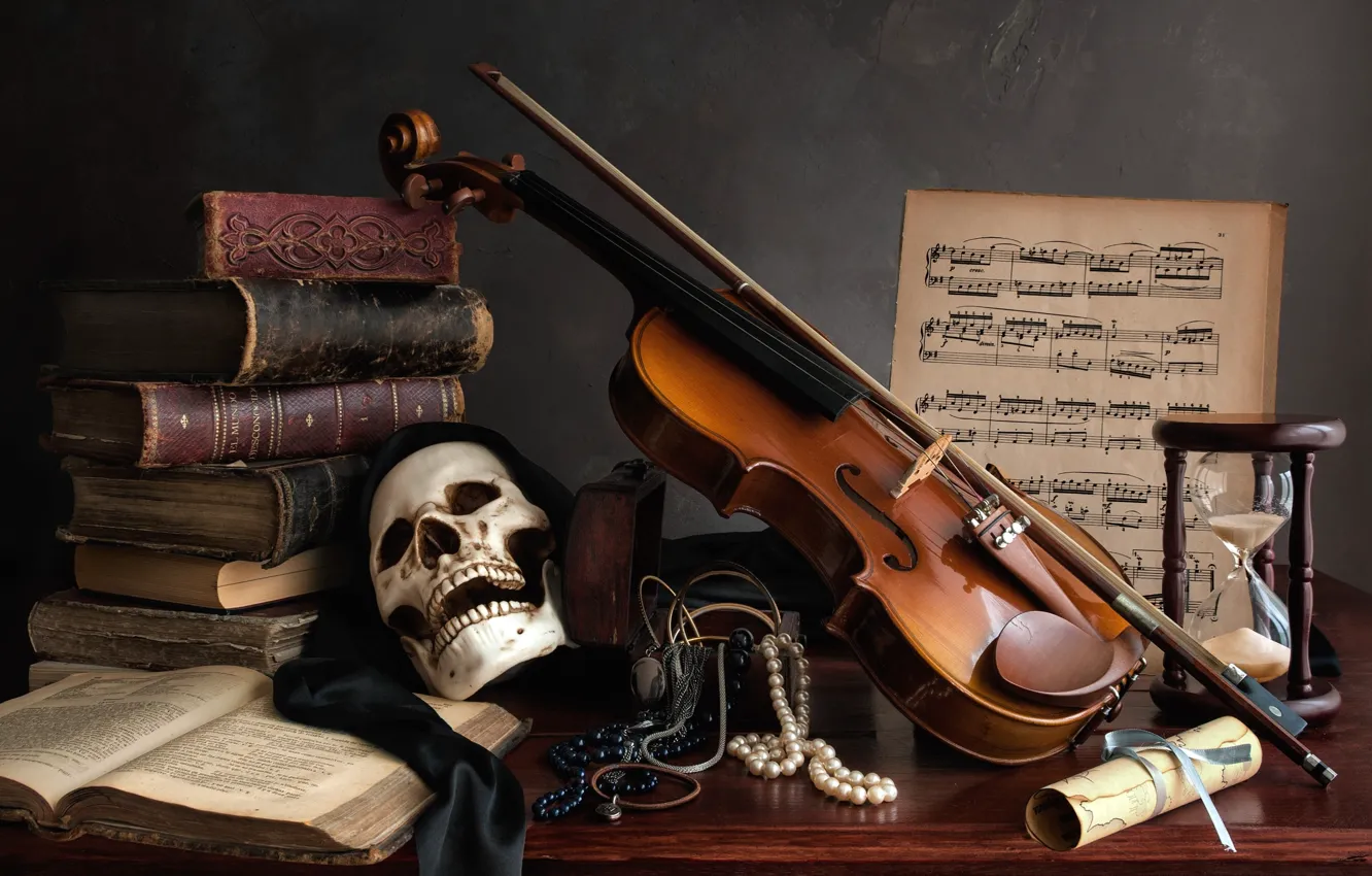 Фото обои ноты, скрипка, книги, череп, ожерелье, натюрморт, песочные часы