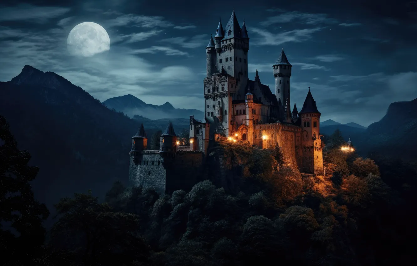 Фото обои ночь, замок, скалы, dark, старый, moon, view, old
