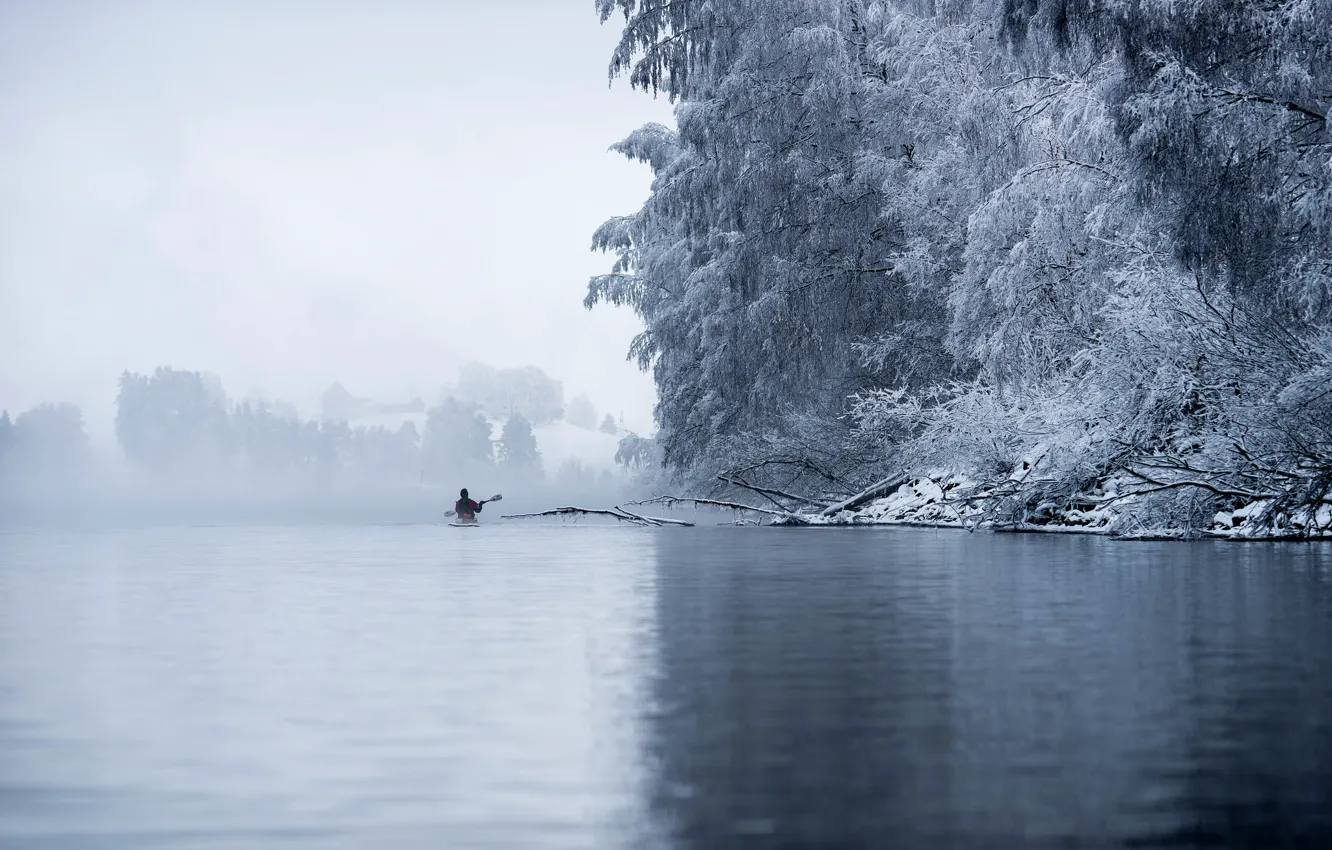Фото обои зима, иней, деревья, озеро, лодка, Норвегия, байдарка, фюльке Акерсхус