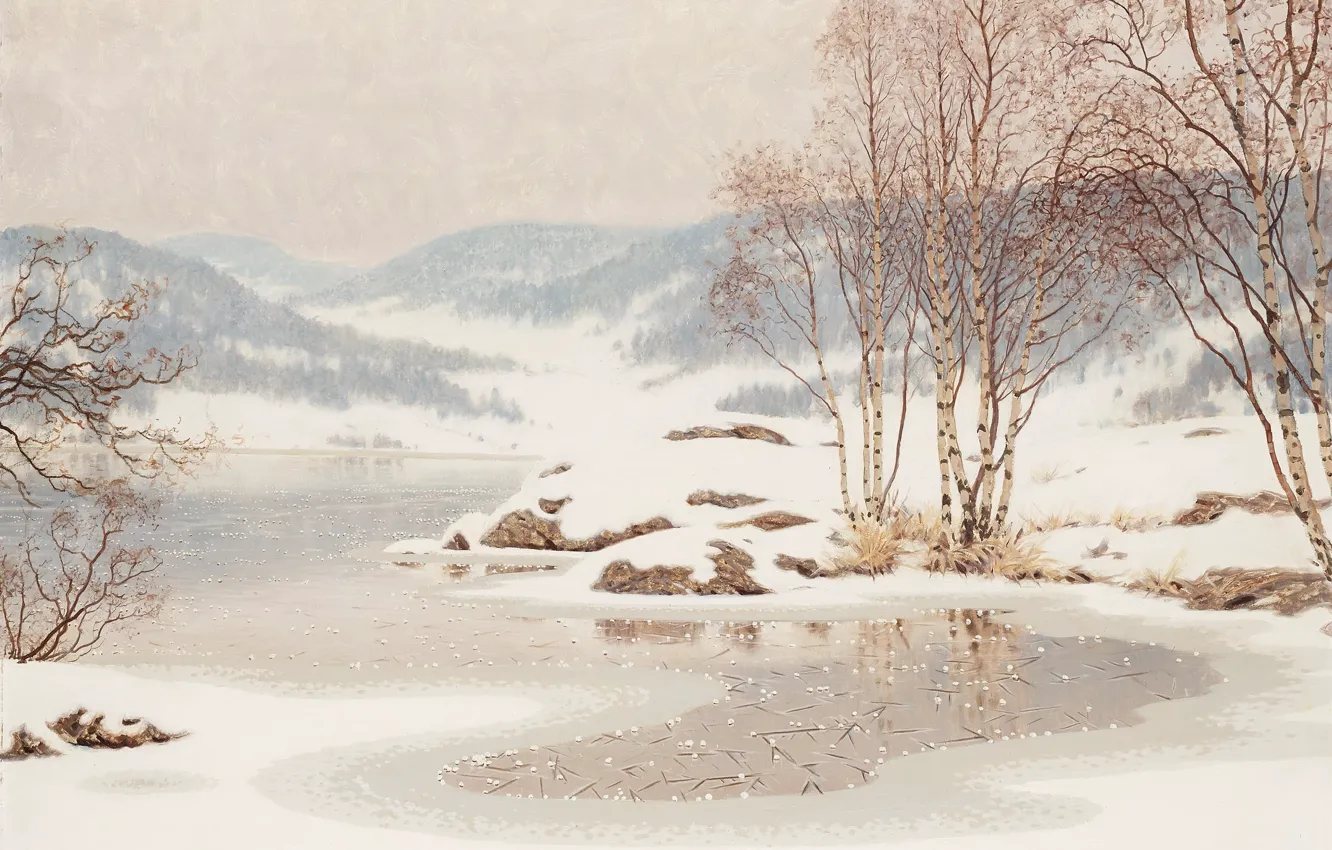 Фото обои зима, снег, река, лёд, берёзка, Gustaf Fjaestad