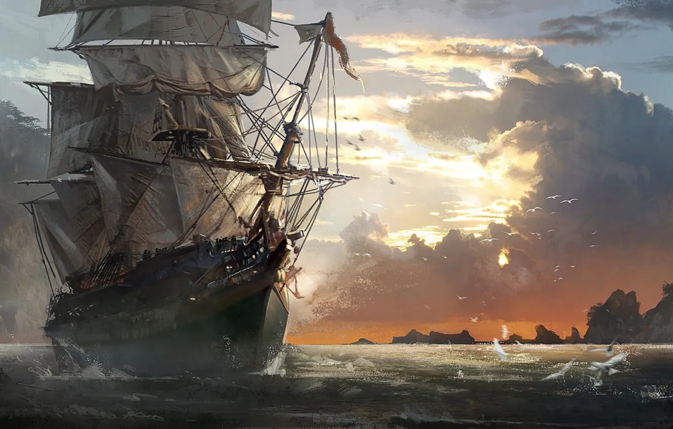Фото обои Assasin Creed, Кредо Убийцы 4 Черный Флаг, небо в облаках, парусный корабль, скалистые берега, чайки …
