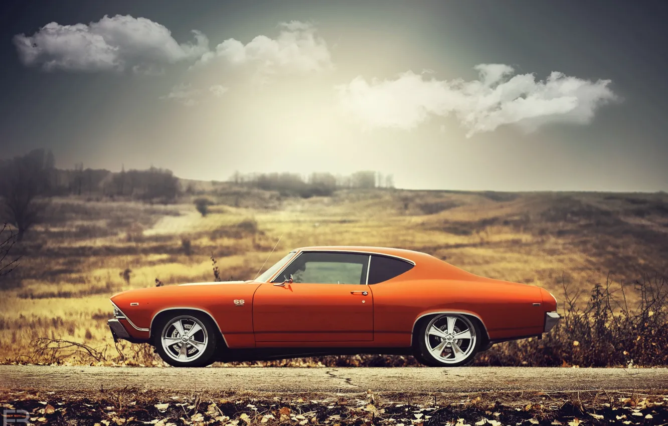 Фото обои Chevrolet, 1969, Orange, Clouds, Sun, Chevelle, Sideview