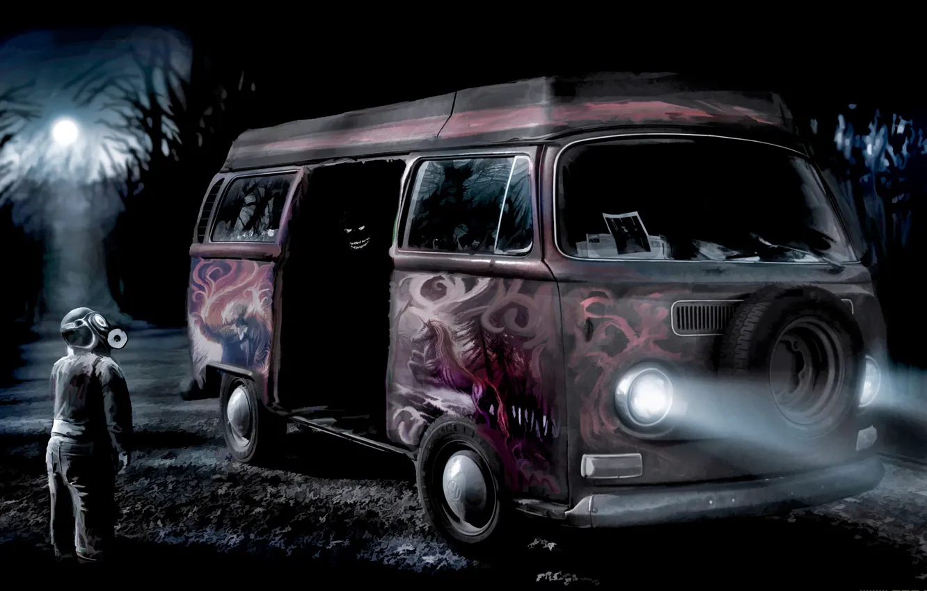 Фото обои граффити, человек, маска, автобус, Romantically Apocalyptic, don't procure confectionary from questionable vans