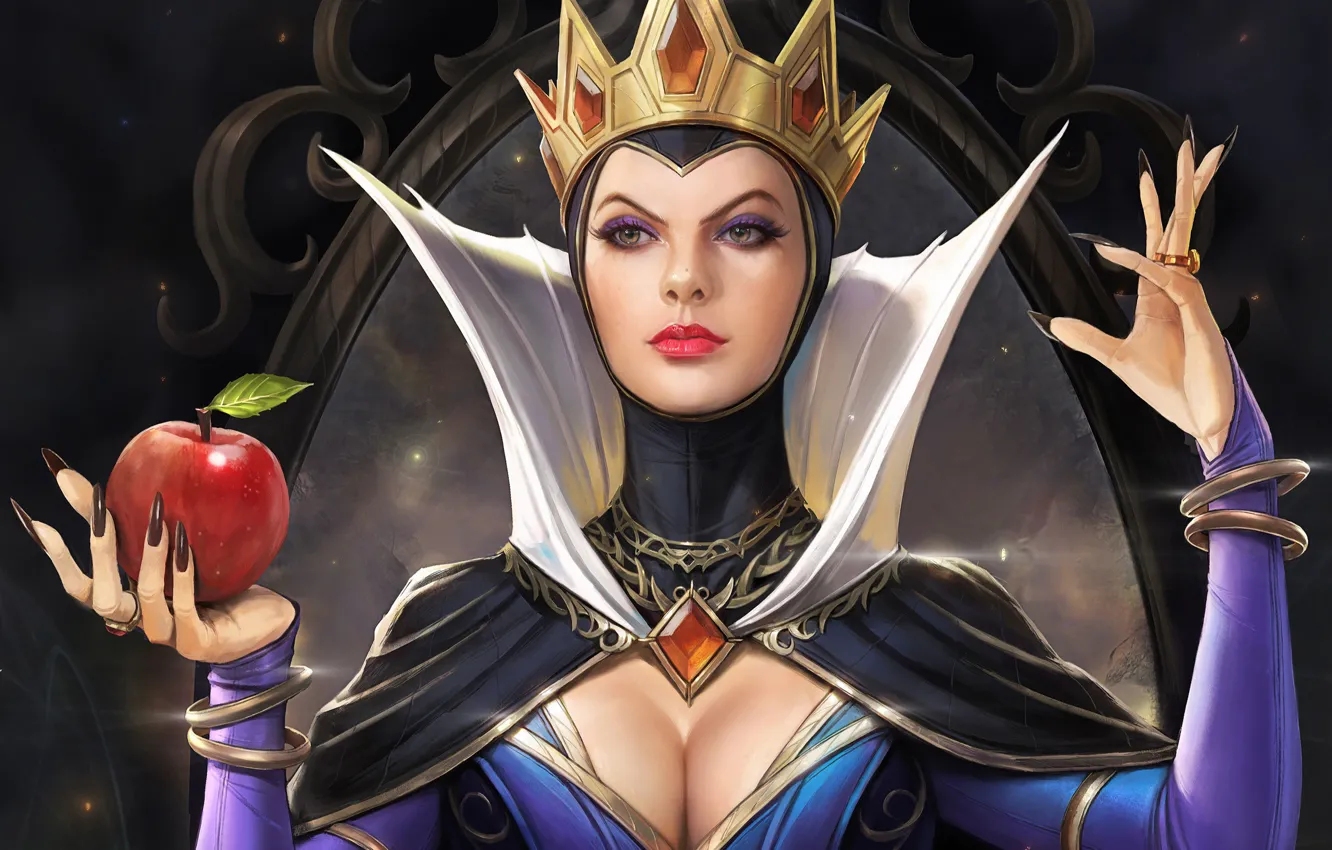 Фото обои взгляд, яблоко, корона, арт, Disney, королева, белоснежка и семь гномов, Evil Queen