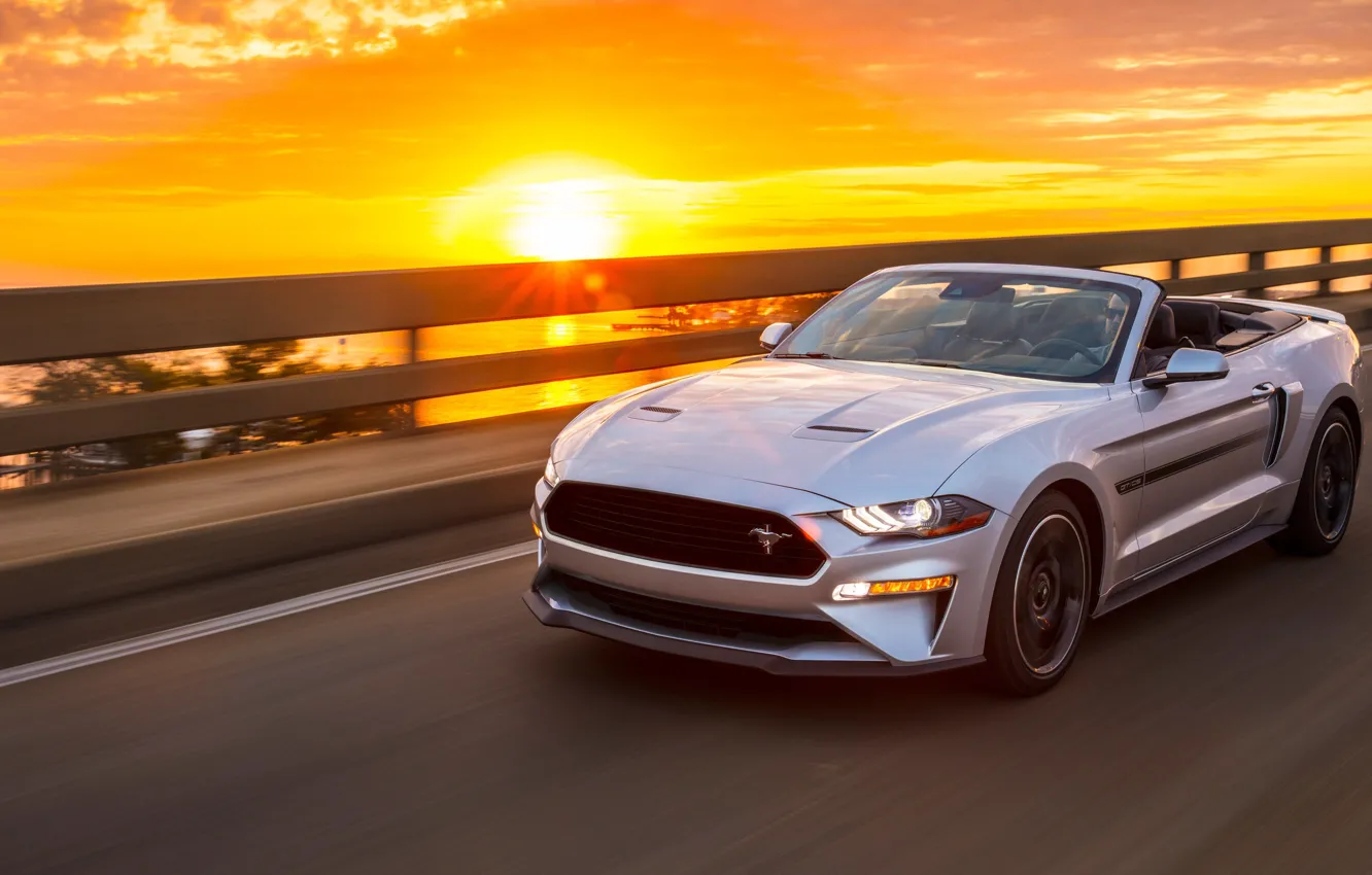 Фото обои закат, скорость, Ford, California, Convertible, Mustang GT, 2019