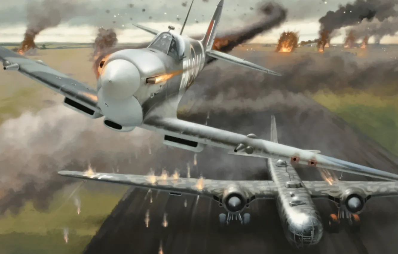 Фото обои war, art, airplane, Spitfire, painting, ww2, attack, Heinkel He 177