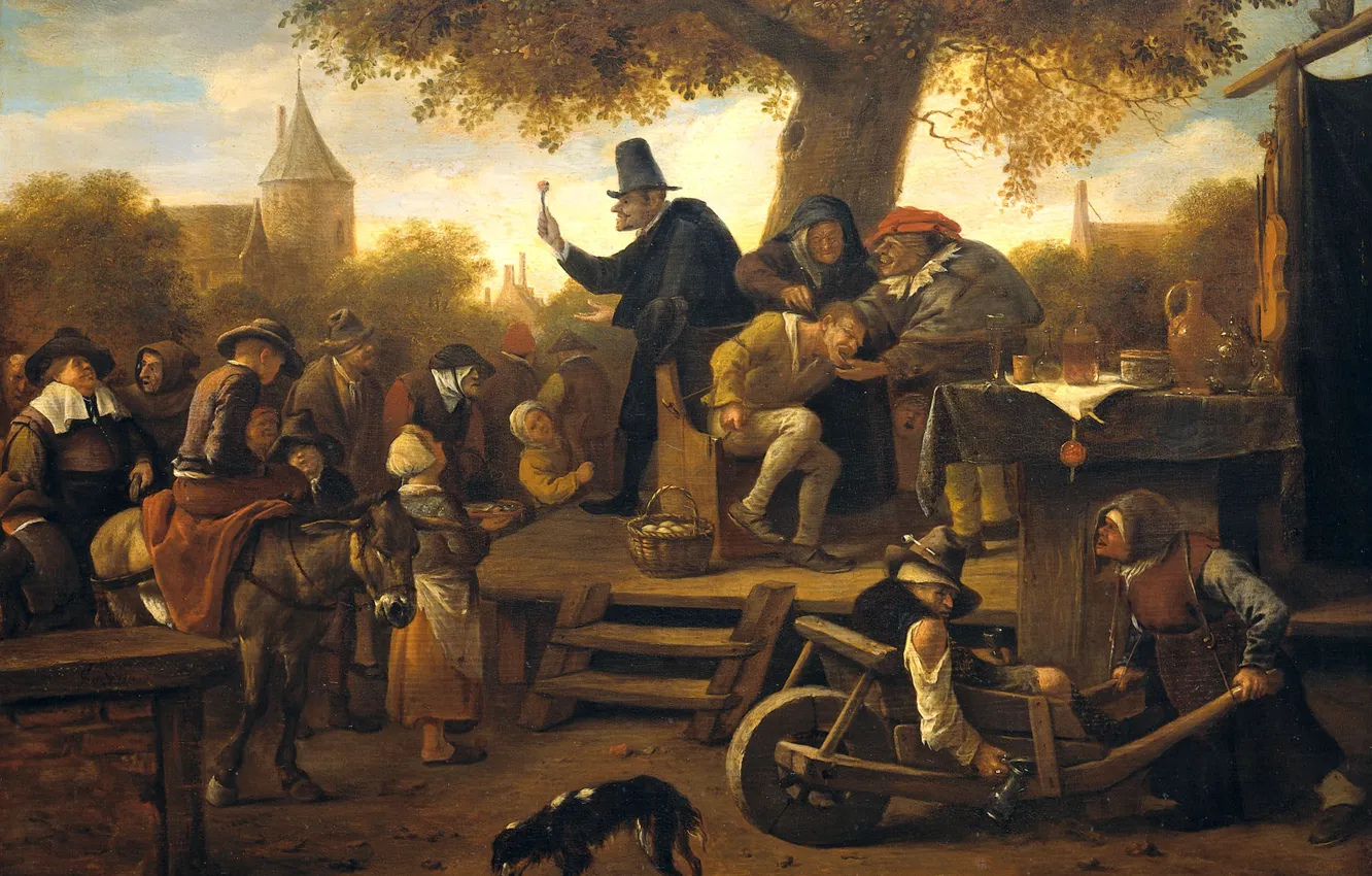 Фото обои деревья, масло, картина, жанровая, Ян Хавикзоон Стен, Шарлатан