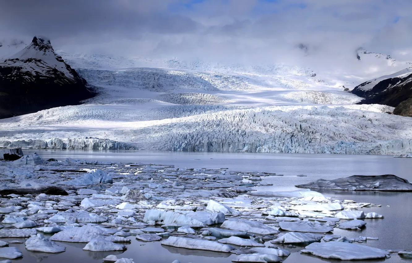 Фото обои зима, свет, снег, горы, лёд, ледник, льдины, водоем
