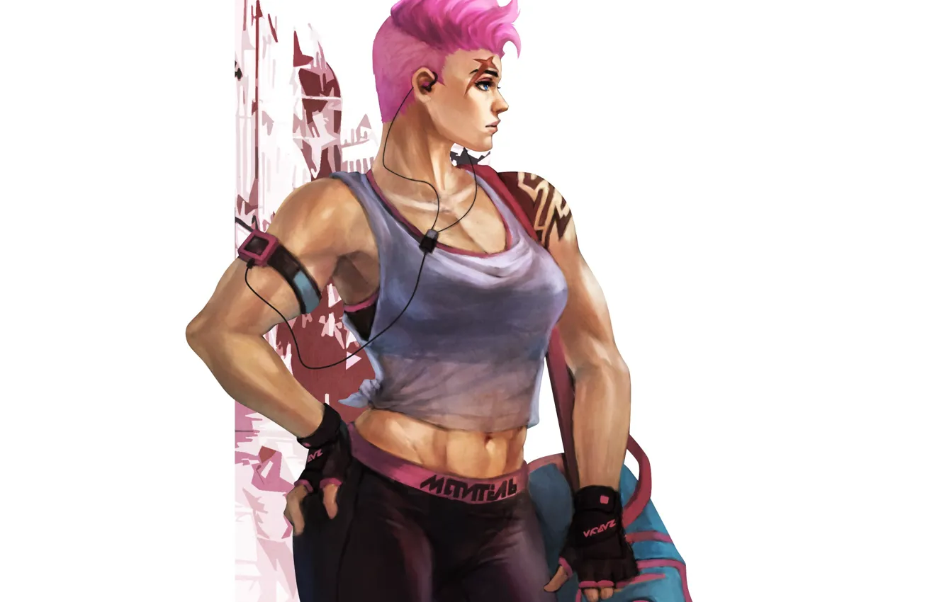 Фото обои девушка, наушники, тату, art, russian, overwatch, Zarya, Aleksandra Zaryanova