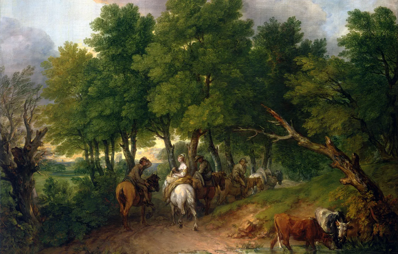 Фото обои дорога, деревья, пейзаж, люди, корова, картина, лошади, Road from Market