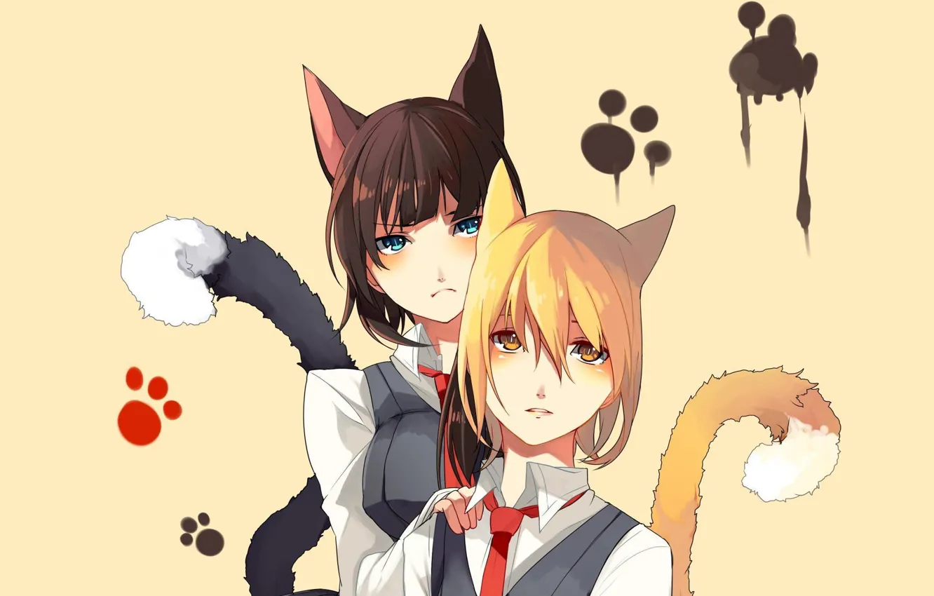 Фото обои кошка, девушка, следы, лапки, аниме, неко, школьная форма, ушки