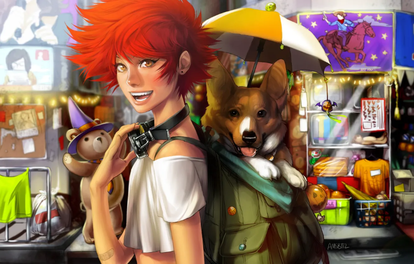 Фото обои девушка, радость, собака, шляпа, зонт, аниме, медведь, арт