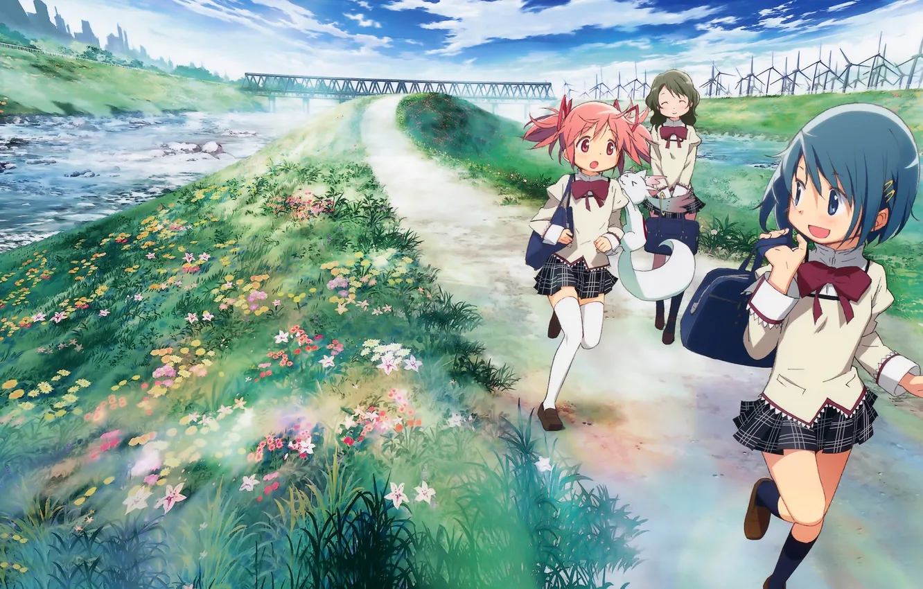 Фото обои трава, цветы, мост, река, девочки, аниме, форма, дорока