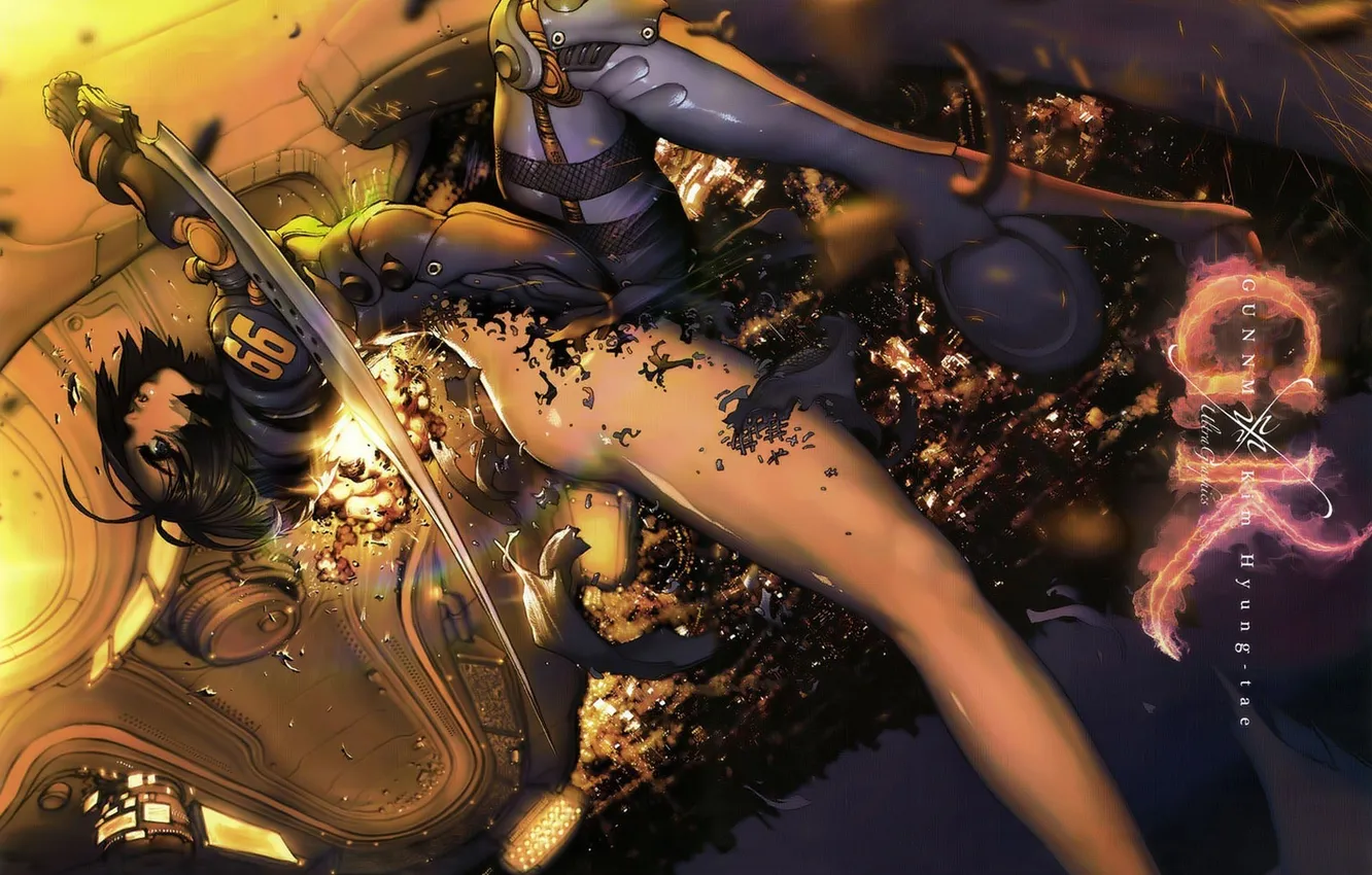 Фото обои оружие, падение, нога, аниме-девушка, battle angel alita gunnm