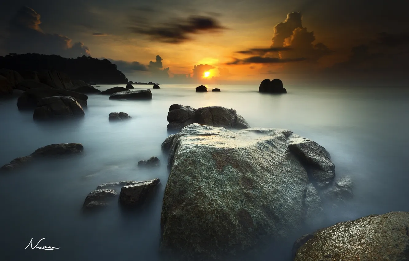 Фото обои солнце, камни, океан, рассвет, горизонт