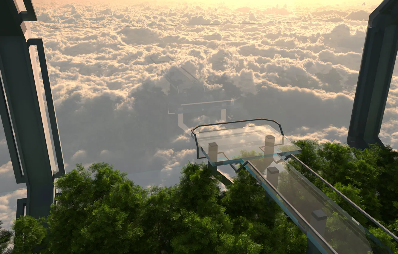 Фото обои glass, tower, trees, cloud sea overlook