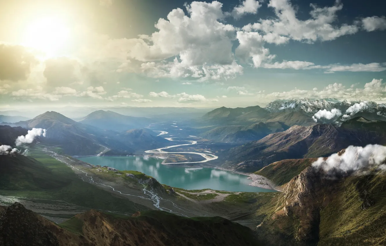 Фото обои облака, горы, озеро