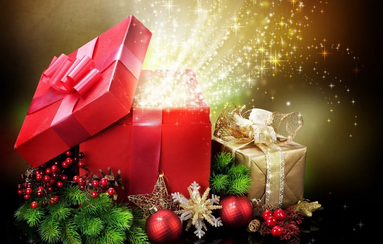 Фото обои свет, украшения, ягоды, праздник, коробка, подарок, звезда, новый год