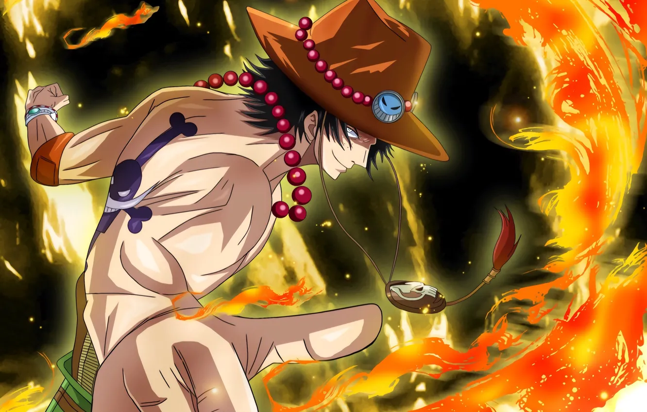 Фото обои огонь, шляпа, пират, парень, One Piece