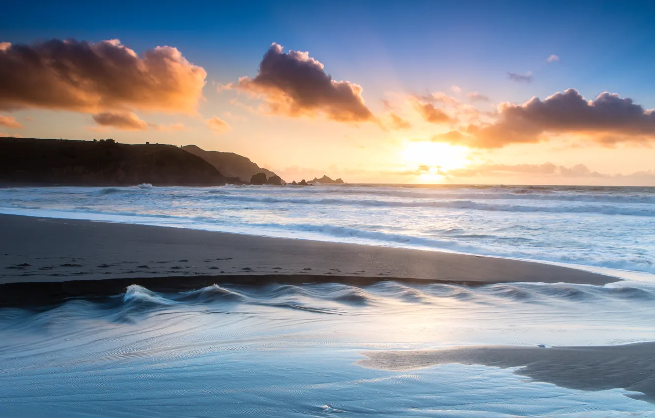 Фото обои песок, пляж, океан, берег, утро, Pacifica, Rockaway Beach