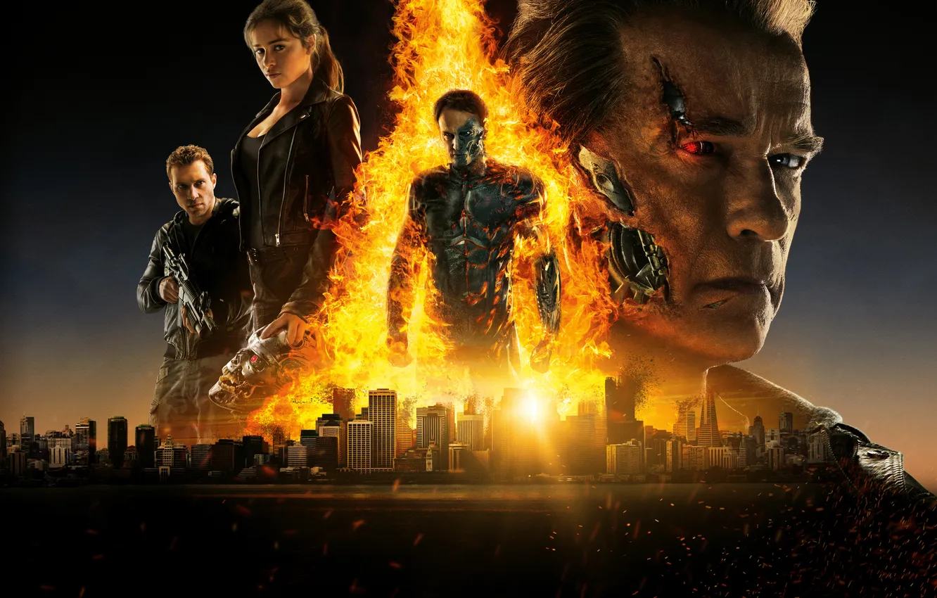 Фото обои город, фантастика, огонь, боевик, постер, Арнольд Шварценеггер, Terminator, Терминатор