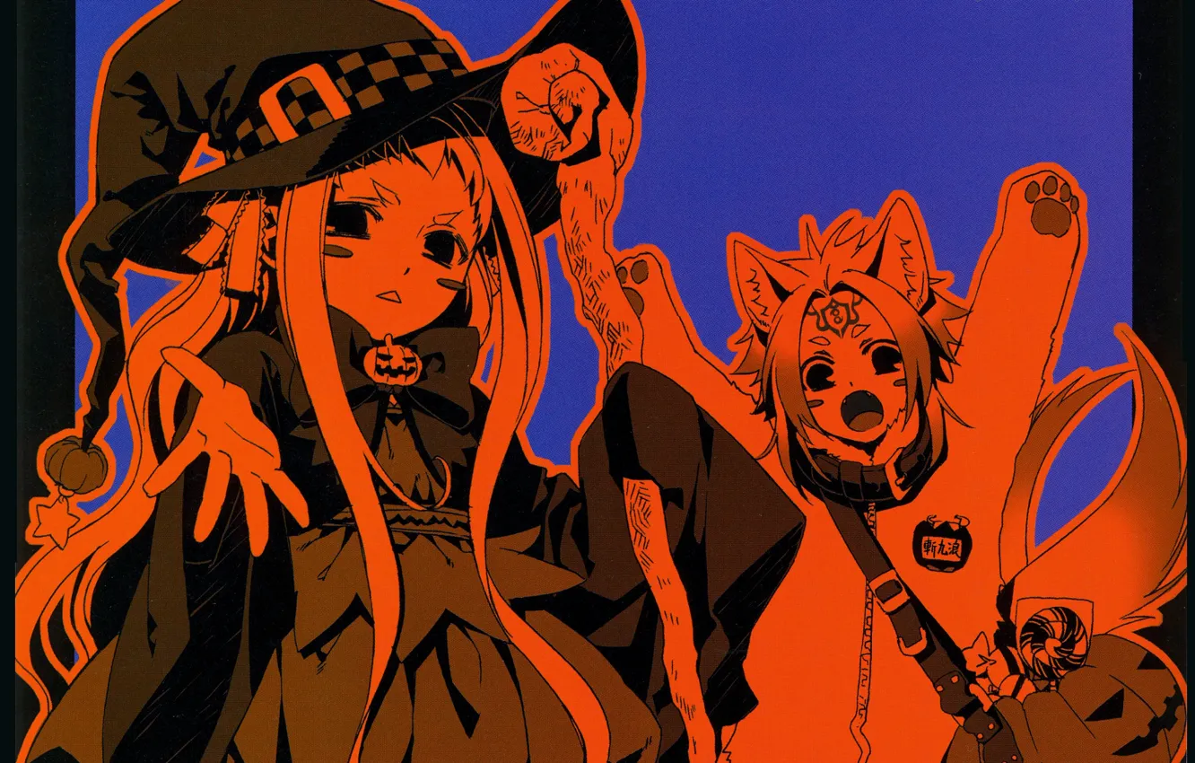 Фото обои ведьма, halloween, witch, Hiiro no Kakera, тыквы зла, черная магия, багровые осколки, светильник джека