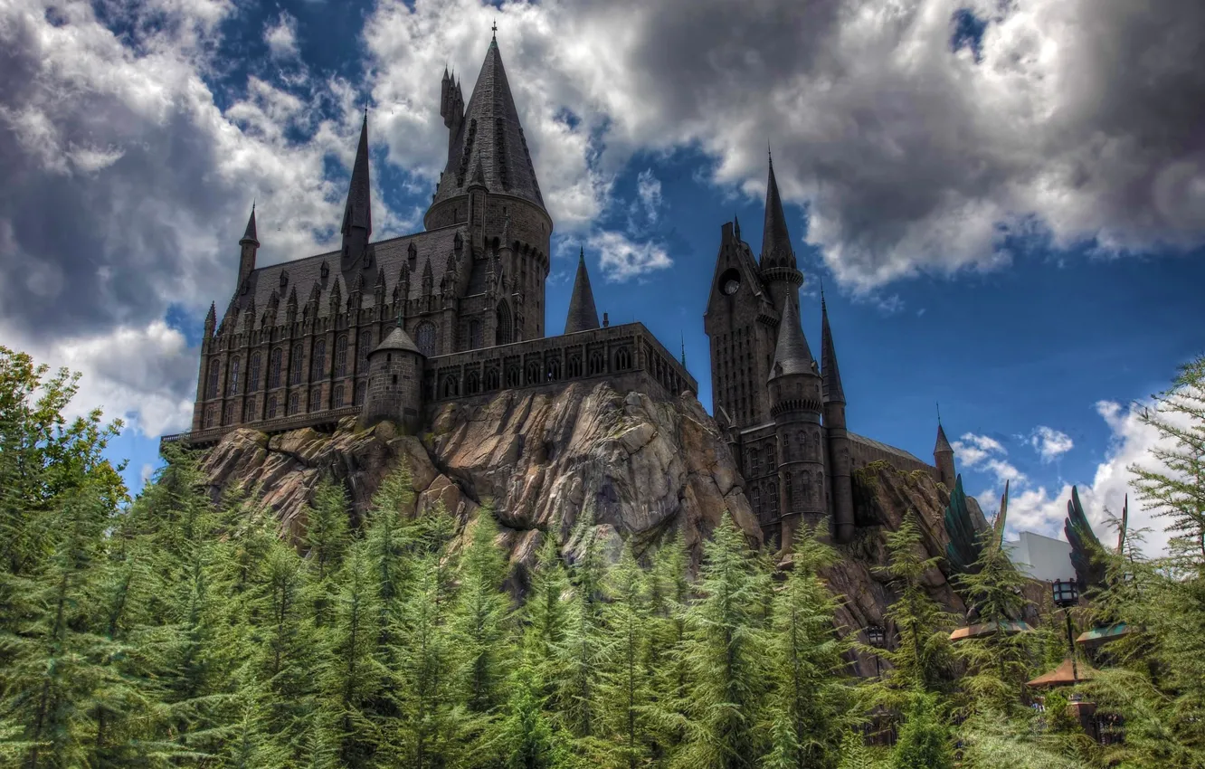 Фото обои forest, trees, castle, towers
