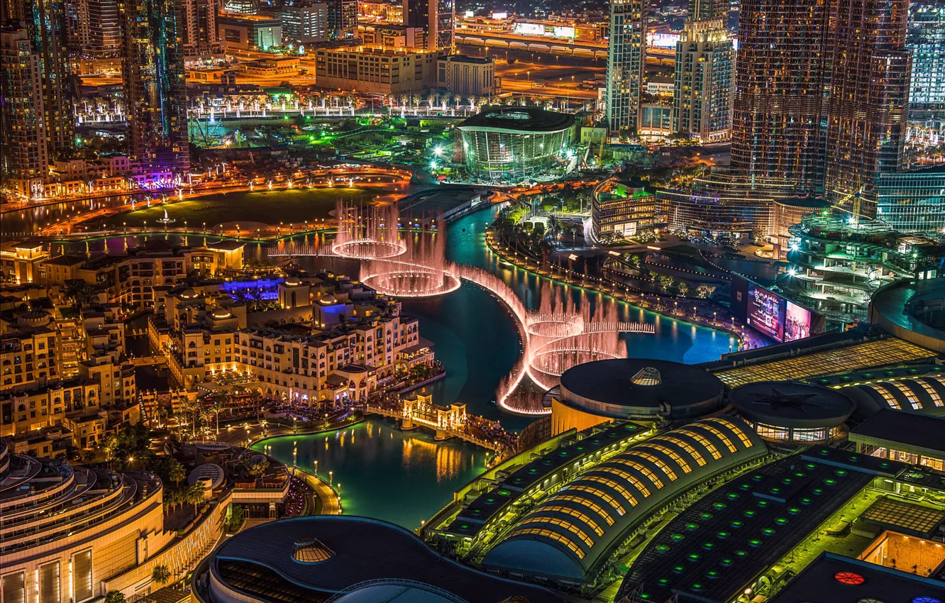 Фото обои ночь, city, город, lights, огни, красота, Дубай, фонтаны