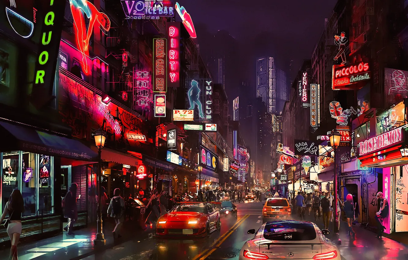 Фото обои ночь, city, город, люди, автомобили, cars, night, people