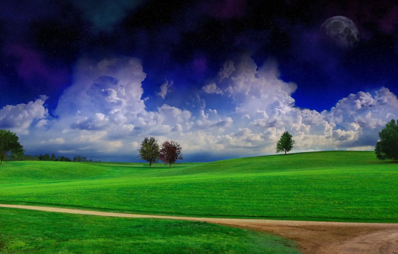 Фото обои Nature, Clouds, Landscape, Field, Path, Green Field